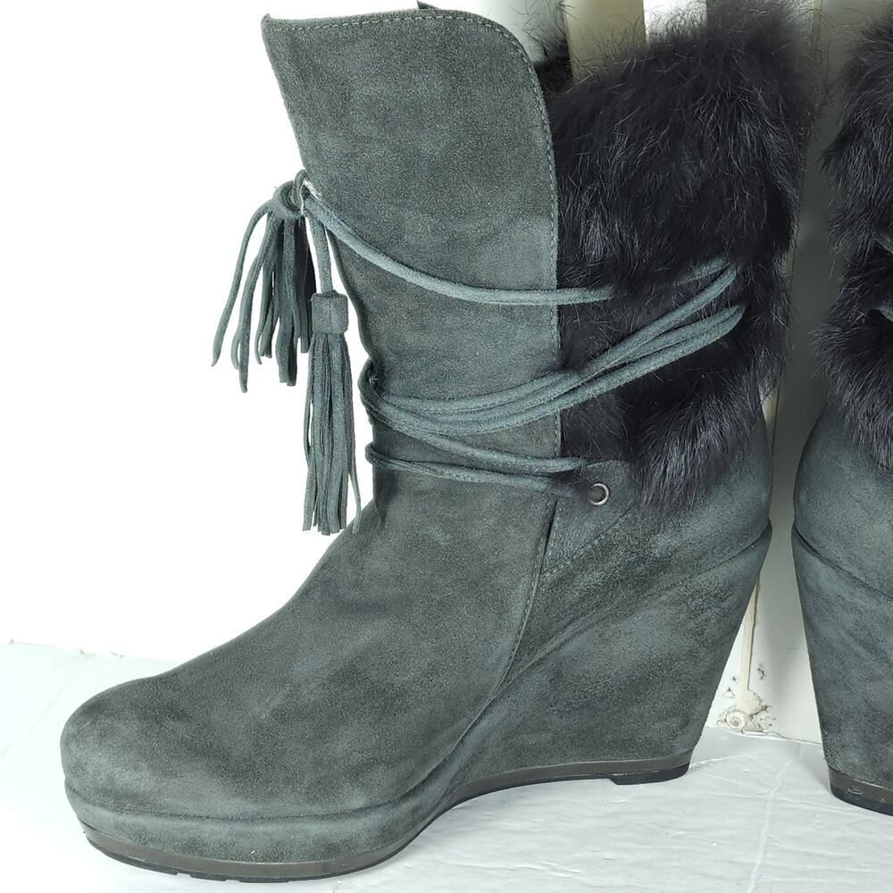 Luciano Barachini Women's EU38 US7-7,5 Gray Suede Faux Fur Lace Up Wedge Boots - Picture 6 of 16